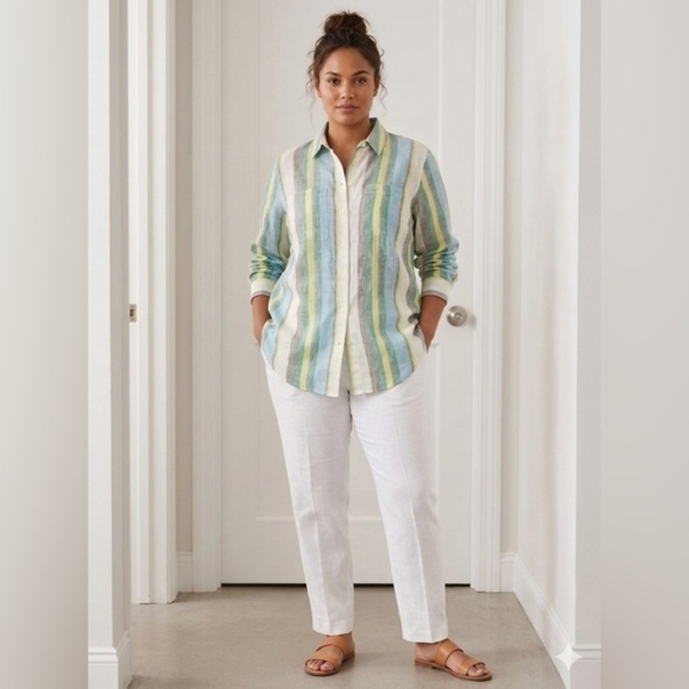 Lord & Taylor Women’s X Small 100% Linen Button Down Shirt Blue Pastel Stripe XS